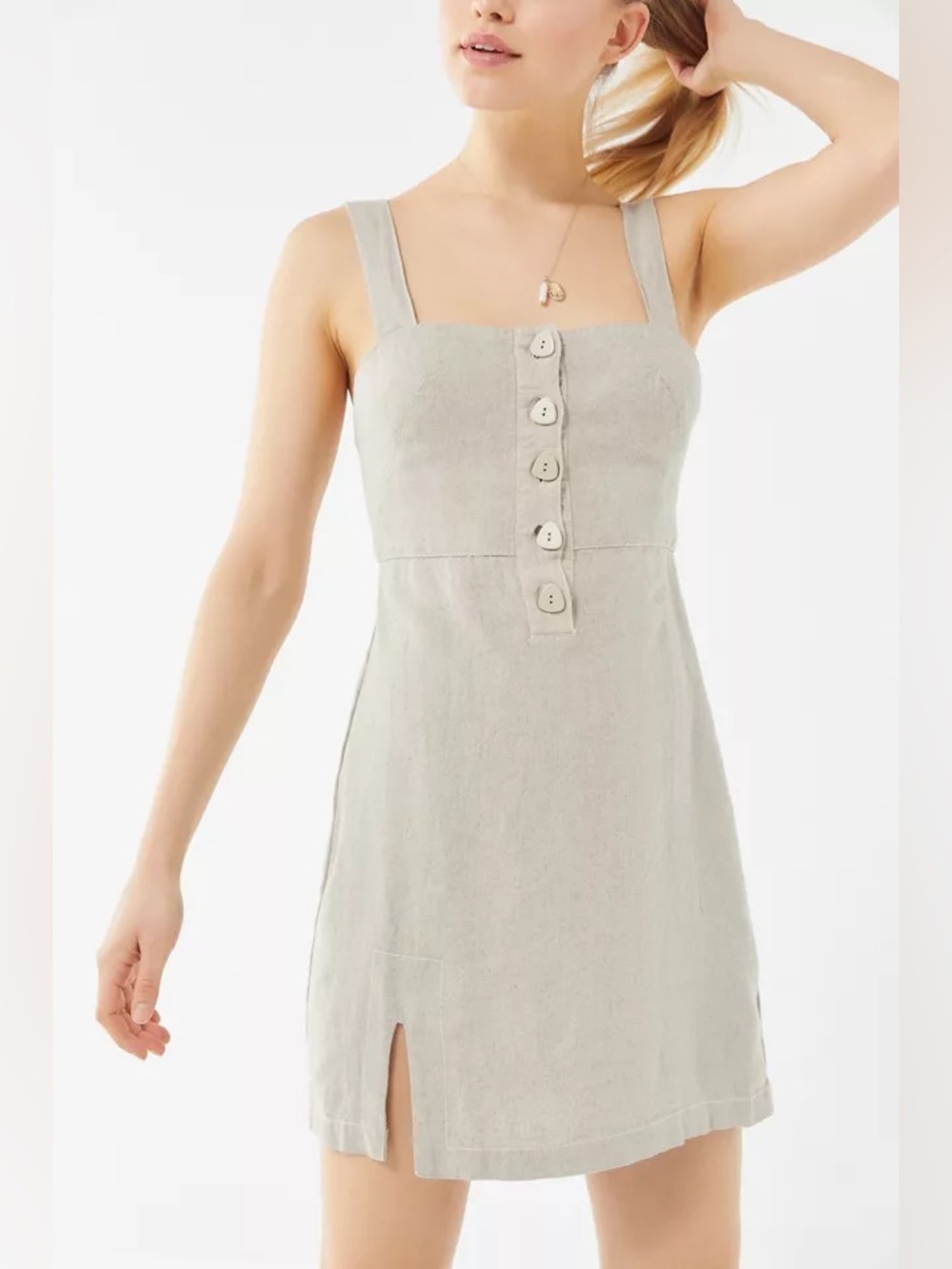 Urban Outfitters Light Beige Button-Front Linen Mini Dress